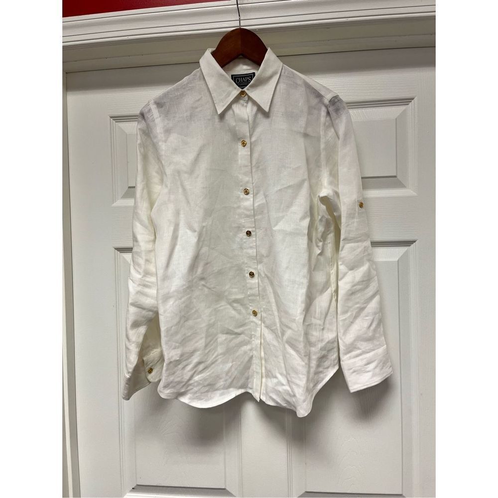 Chaps White Linen Roll Sleeve Button Up Shirt sz S EUC